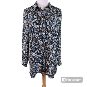 J.Jill Long Sleeve Longlined Floral Button Down Tiered Layer Hem shirt, sz M